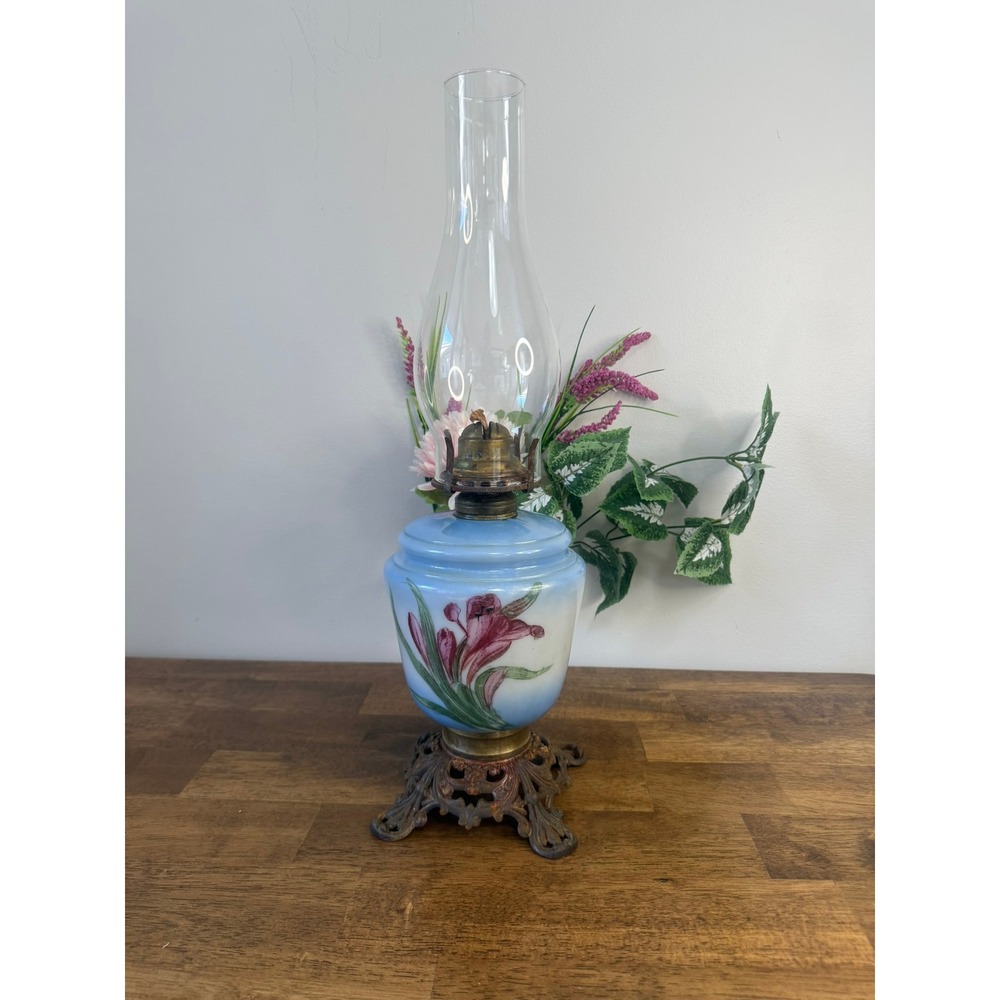 Vintage‎ Hand Painted Milk Glass Lamp Blue Pink Floral Ornate Decorative Parts